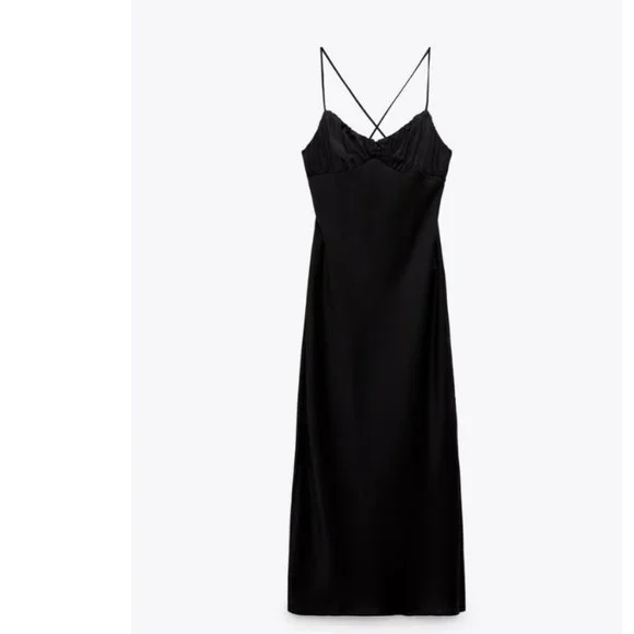 ZARA BLACK SATIN LACE V NECK CROSSED BACK MAXI DRESS - Picture 1 of 4